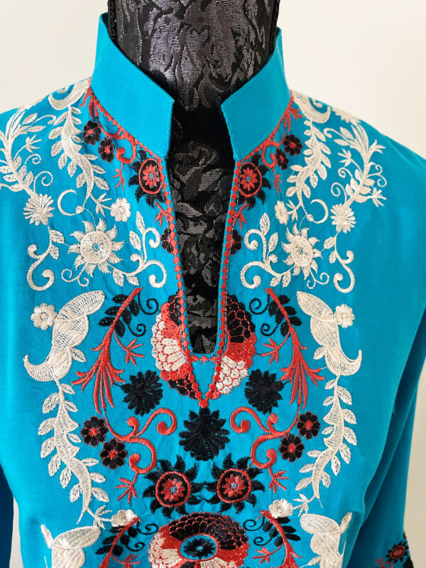 long blue embroidered kurti