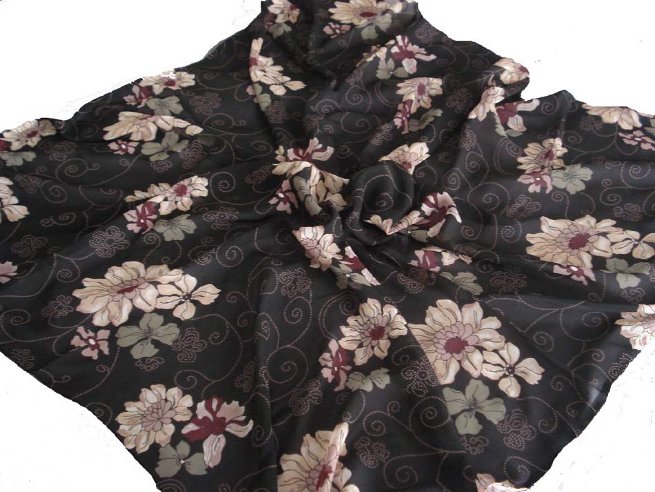 Black flower print georgette square scarf